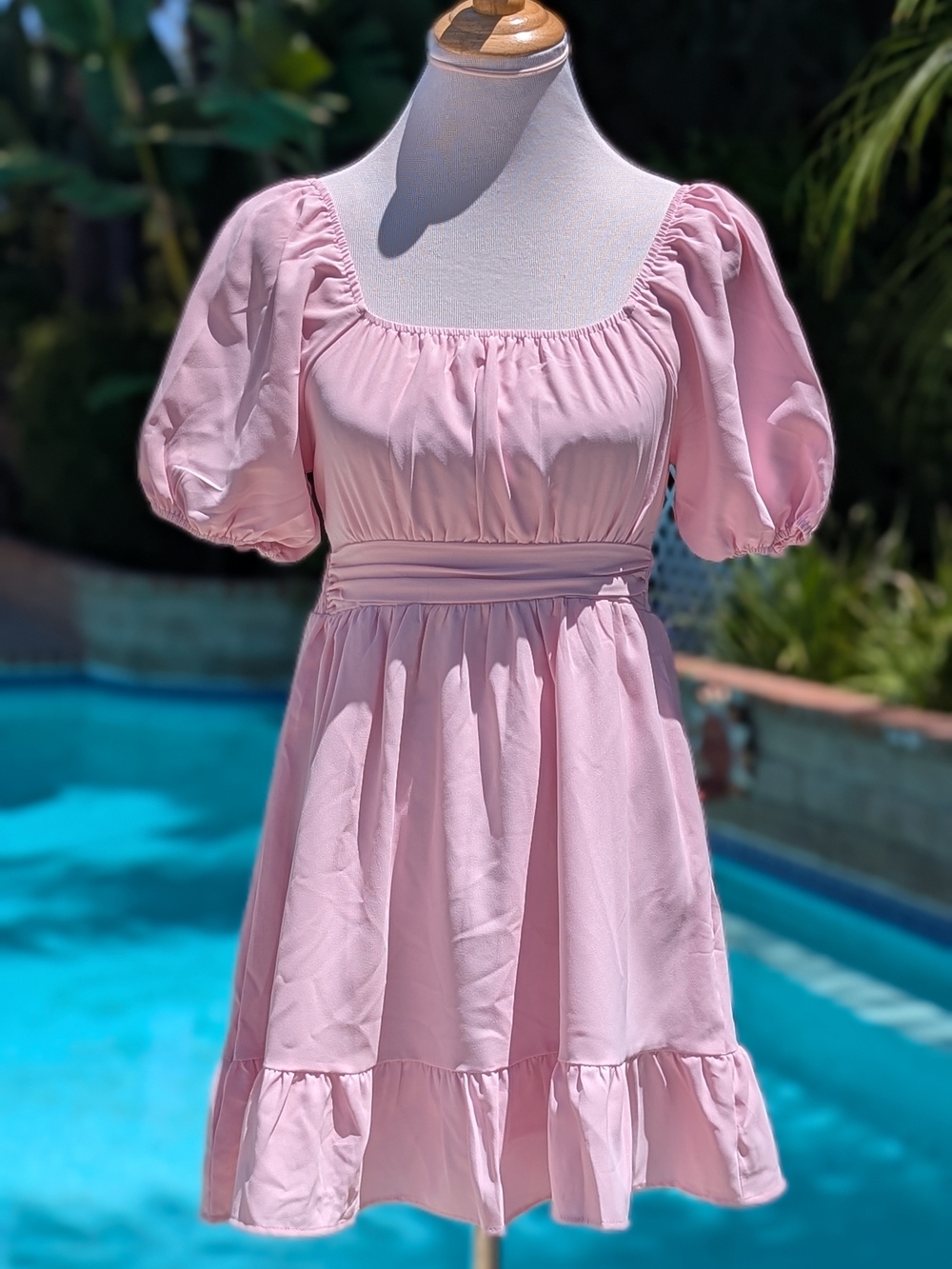 Amazon Pink Puff-Sleeve Square Neck Mini Dress